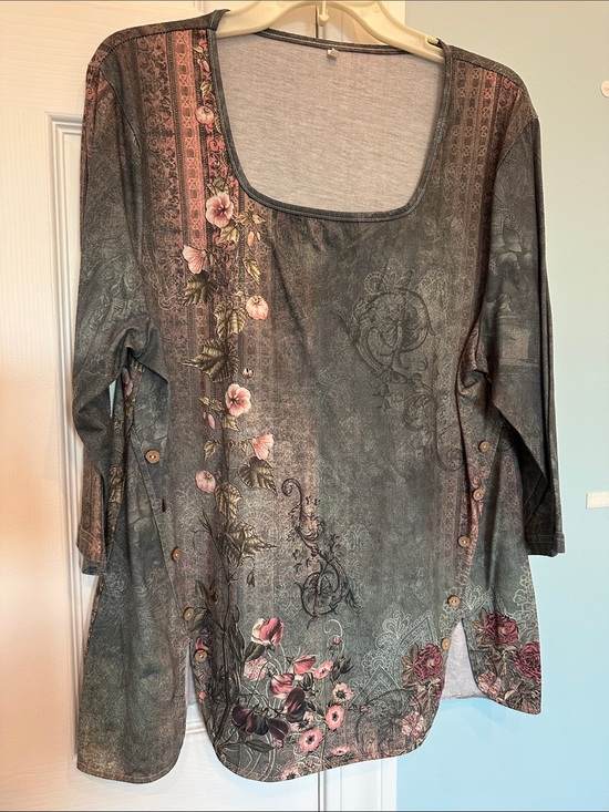 Tops - Floral Scoop Neck Long Sleeve Top - Pink Floral on Gray